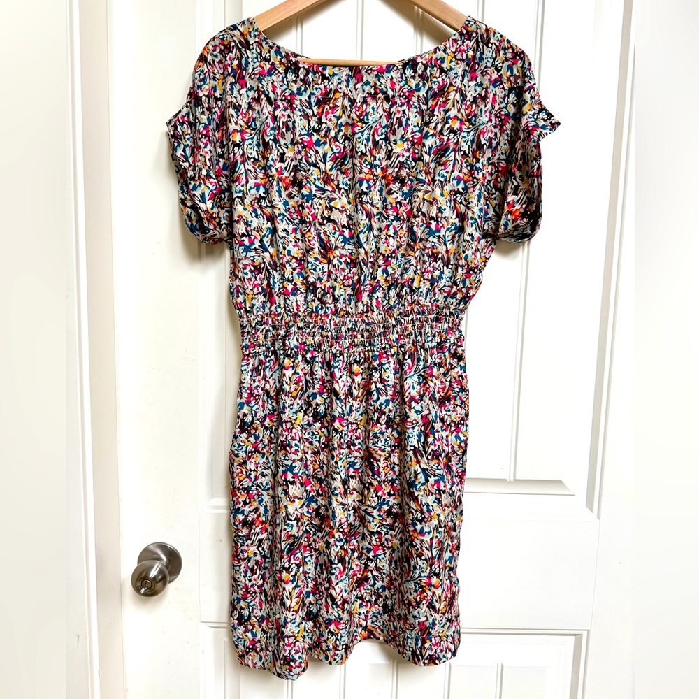 BCBGeneration Abstract Floral Mini Dress with Cutout Back Detail and Pockets. S